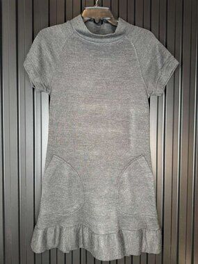 Zara Heather Grey Mini Dress Ruffle Hem Short Sleeve Mock Neck Pockets Size Medi